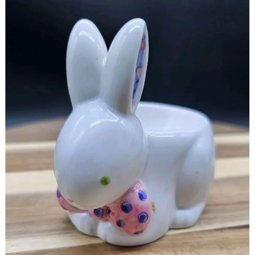 DEPARTMENT 56‎ EASTER BUNNY RABBIT Egg Holder Dish Bowl Ceramic Dept White Pink